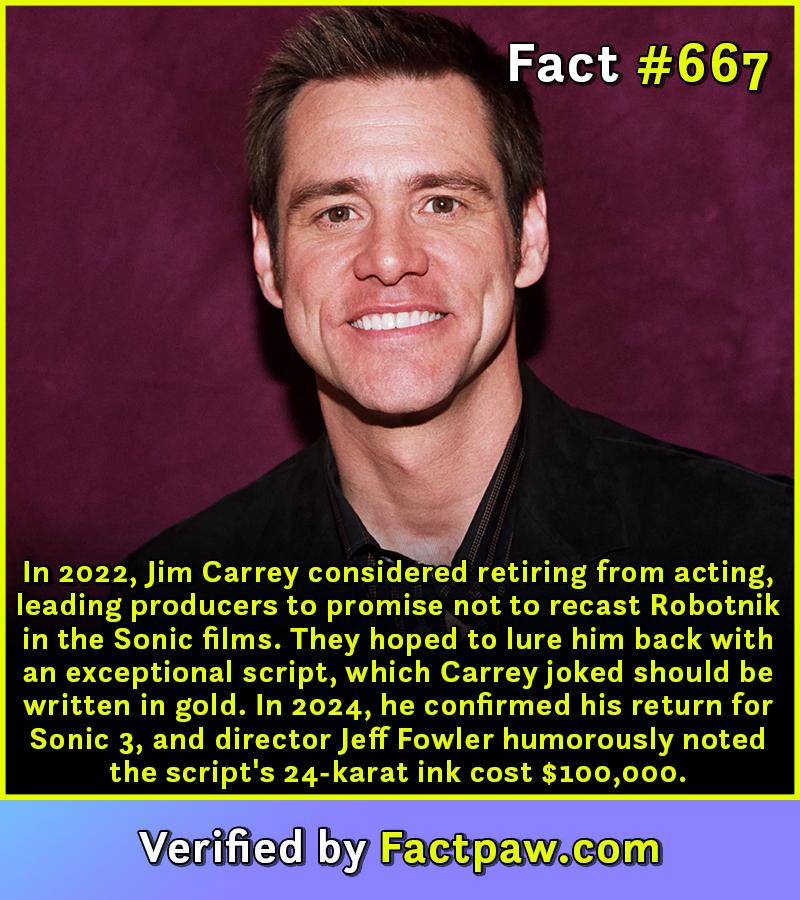 In 2022, Jim Carrey considered retiring from acting, leading producers to promise not to recast Robotnik in the Sonic films. They hoped to lure him back with an exceptional script, which Carrey joked should be written in gold. In 2024, he confirmed his return for Sonic 3, and director Jeff Fowler humorously noted the script's 24-karat ink cost $100,000.