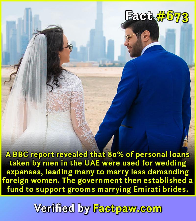 A BBC report revealed that 80% of personal loans taken by men in the UAE were used for wedding expenses, leading many to marry less demanding foreign women. The government then established a fund to support grooms marrying Emirati brides.
