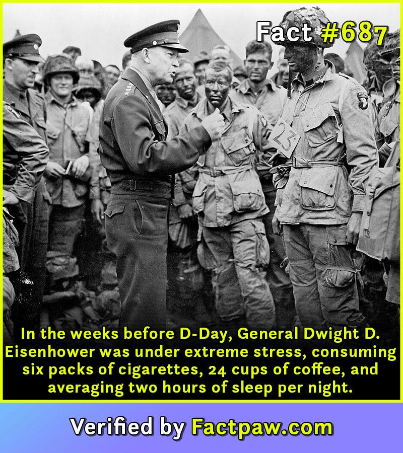 In the weeks before D-Day, General Dwight D. Eisenhower was under extreme stress, consuming six packs of cigarettes, 24 cups of coffee, and averaging two hours of sleep per night.