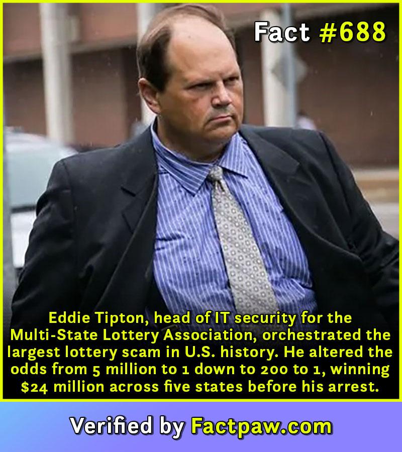 Eddie Tipton, head of IT security for the Multi-State Lottery Association, orchestrated the largest lottery scam in U.S. history. He altered the odds from 5 million to 1 down to 200 to 1, winning $24 million across five states before his arrest.