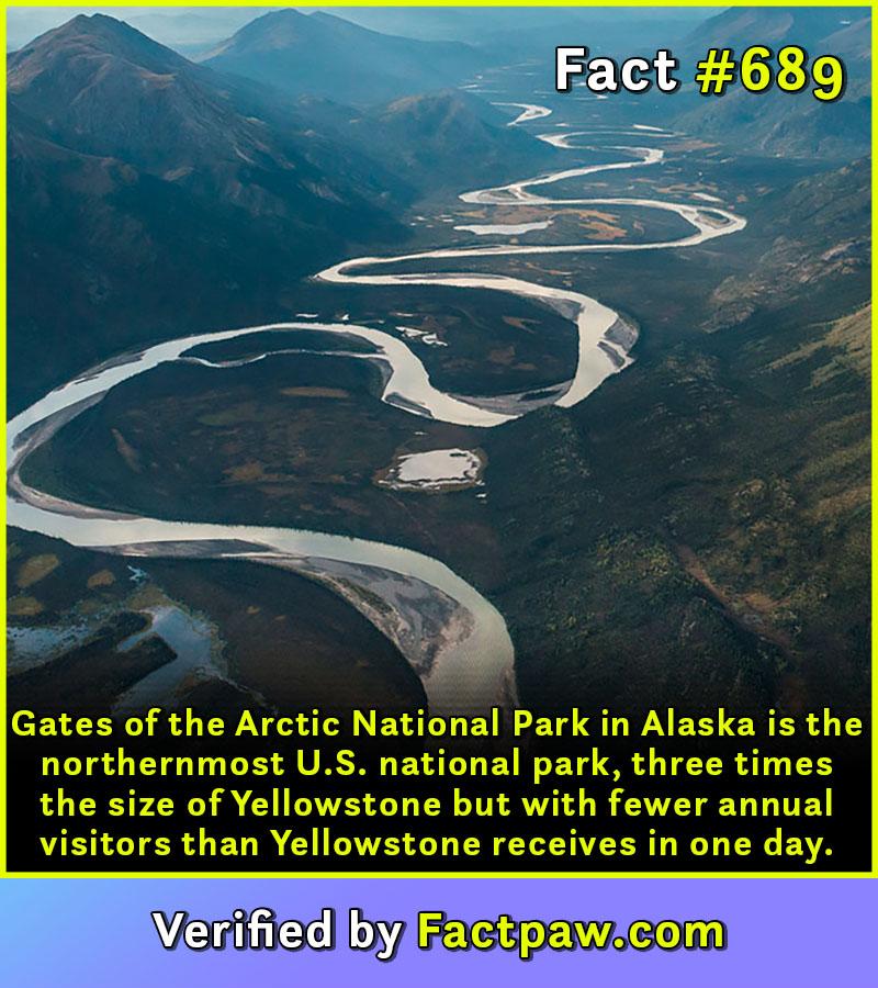 Gates of the Arctic National Park in Alaska is the northernmost U.S. national park, three times the size of Yellowstone but with fewer annual visitors than Yellowstone receives in one day.