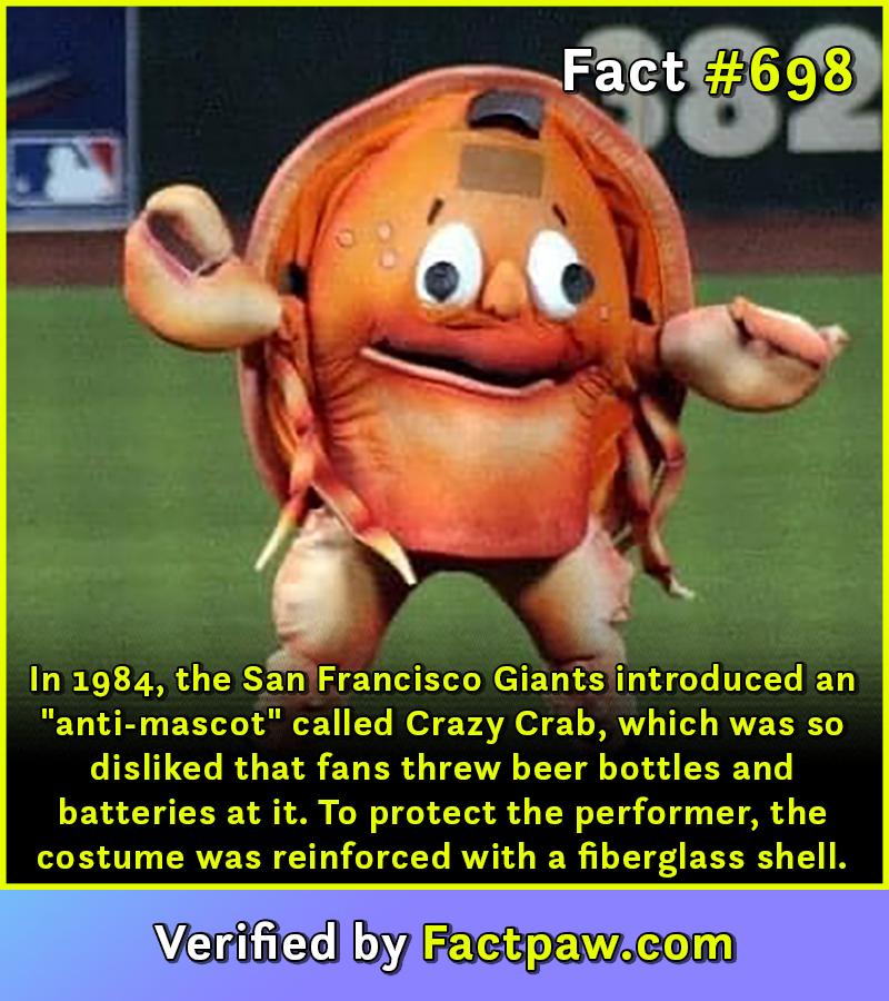In 1984, the San Francisco Giants introduced an "anti-mascot" called Crazy Crab, which was so disliked that fans threw beer bottles and batteries at it. To protect the performer, the costume was reinforced with a fiberglass shell.