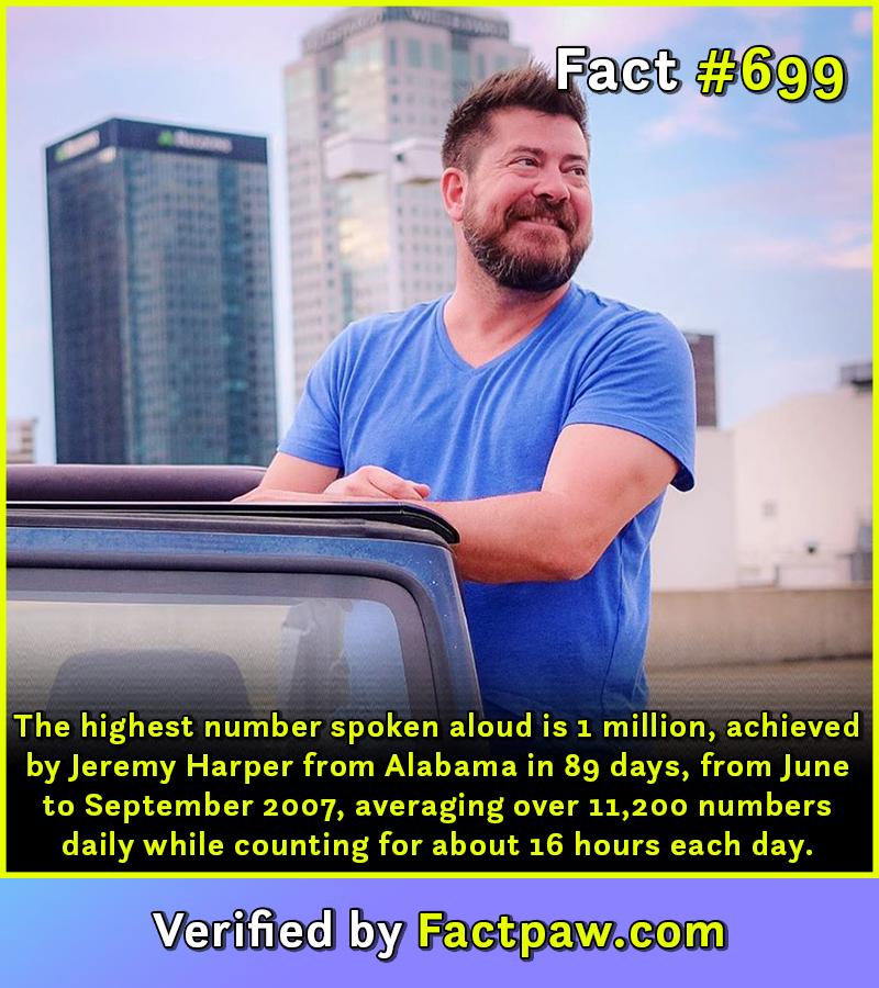 The highest number spoken aloud is 1 million, achieved by Jeremy Harper from Alabama in 89 days, from June to September 2007, averaging over 11,200 numbers daily while counting for about 16 hours each day.