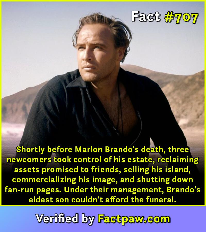 Shortly before Marlon Brando's death, three newcomers took control of his estate, reclaiming assets promised to friends, selling his island, commercializing his image, and shutting down fan-run pages. Under their management, Brando's eldest son couldn't afford the funeral.