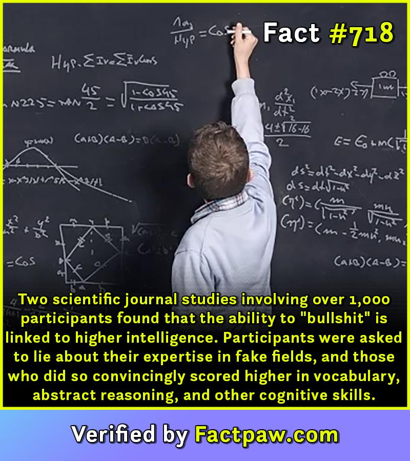 Two scientific journal studies involving over 1,000 participants found that the ability to "bullshit" is linked to higher intelligence. Participants were asked to lie about their expertise in fake fields, and those who did so convincingly scored higher in vocabulary, abstract reasoning, and other cognitive skills.
