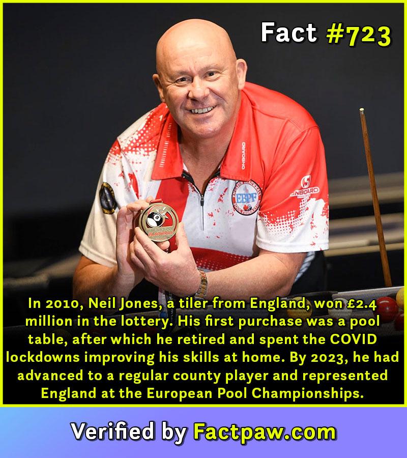 In 2010, Neil Jones, a tiler from England, won £2.4 million in the lottery. His first purchase was a pool table, after which he retired and spent the COVID lockdowns improving his skills at home. By 2023, he had advanced to a regular county player and represented England at the European Pool Championships.