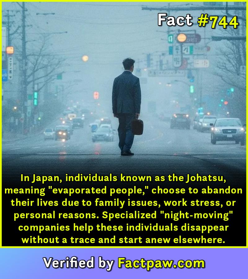 In Japan, individuals known as the Johatsu, meaning "evaporated people," choose to abandon their lives due to family issues, work stress, or personal reasons. Specialized "night-moving" companies help these individuals disappear without a trace and start anew elsewhere.