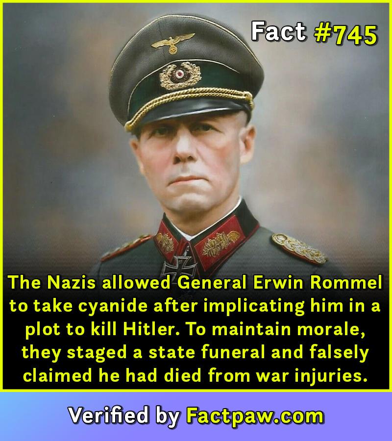 The Nazis allowed General Erwin Rommel to take cyanide after implicating him in a plot to kill Hitler. To maintain morale, they staged a state funeral and falsely claimed he had died from war injuries.